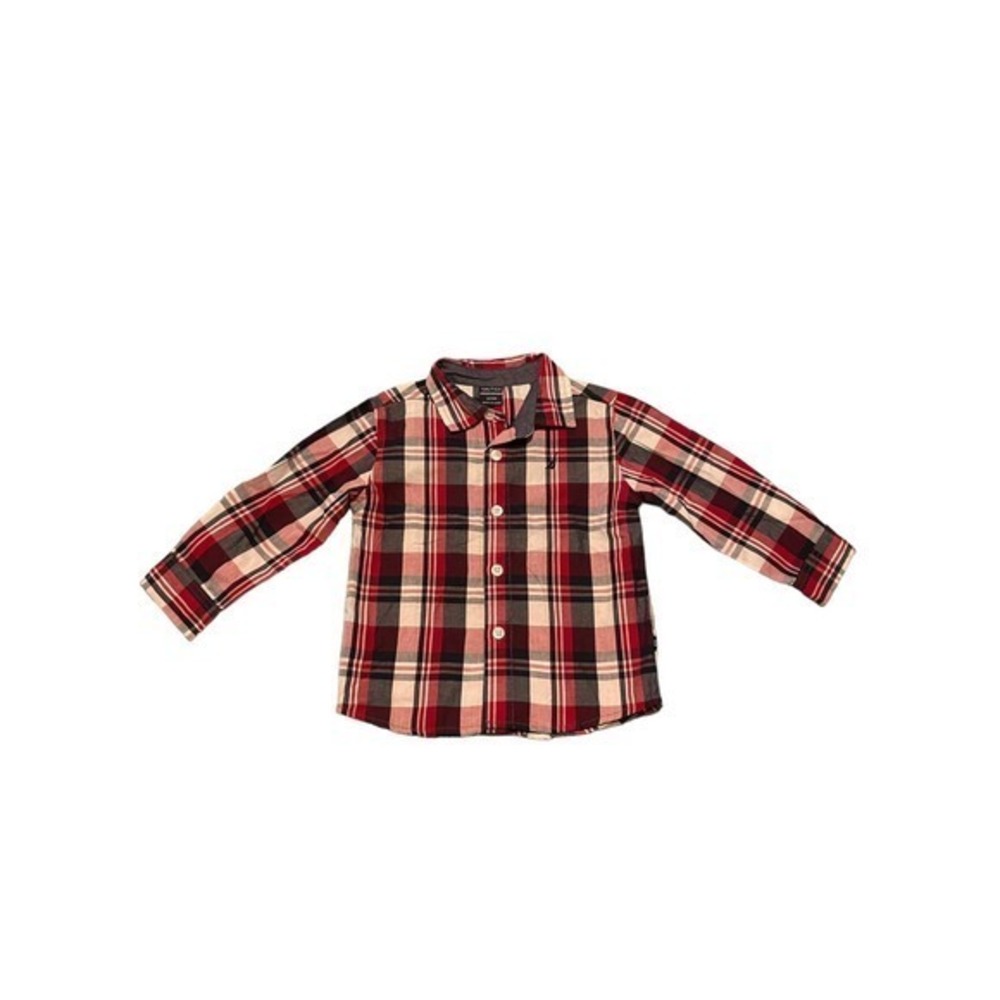 Nautica Toddler Boy's Red White and Blue Plaid Long Sleeve Dress Shirt Size 24M